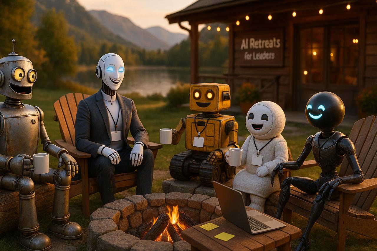 Illustration of friendly robots gathered around a campfire outside an AI retreat cabin
