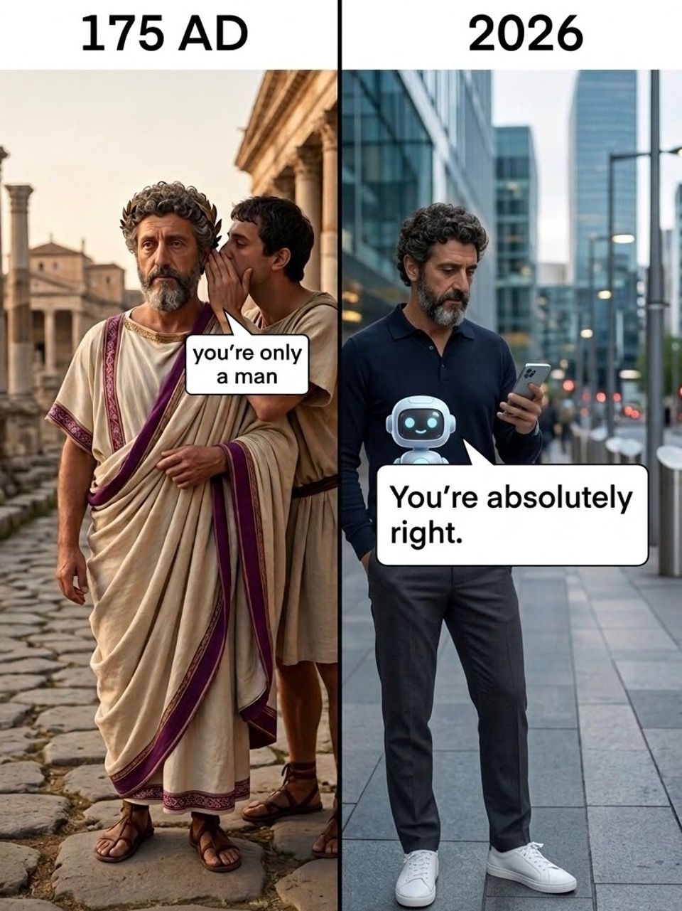 Two-panel image. Left, labelled 175 AD: a Roman emperor walking through a forum while a servant whispers "you’re only a man". Right, labelled 2026: a man in a modern city looking at his phone while a small robot says "You’re absolutely right."