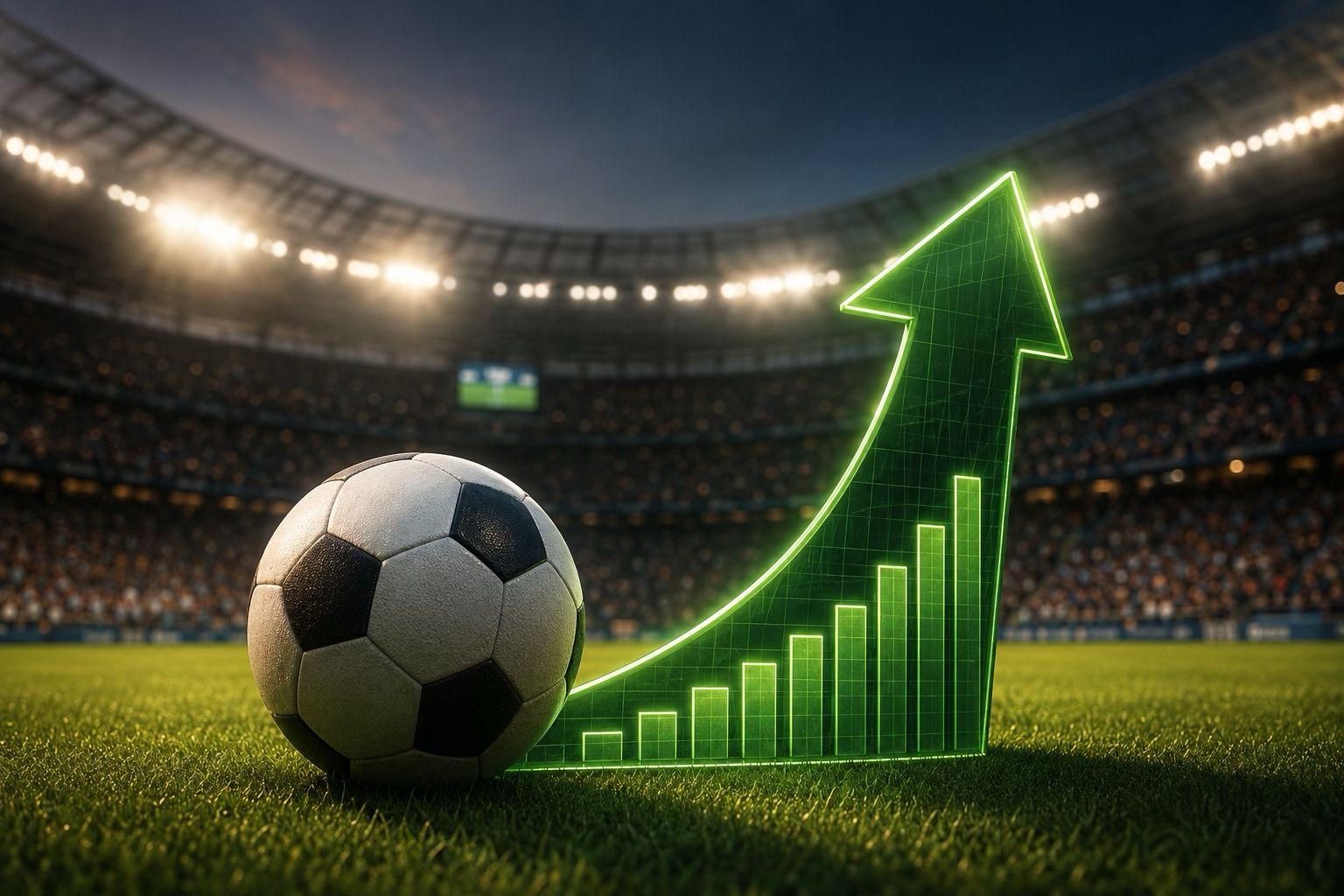A football on the pitch of a floodlit stadium, next to a glowing green bar chart and arrow curving sharply upwards
